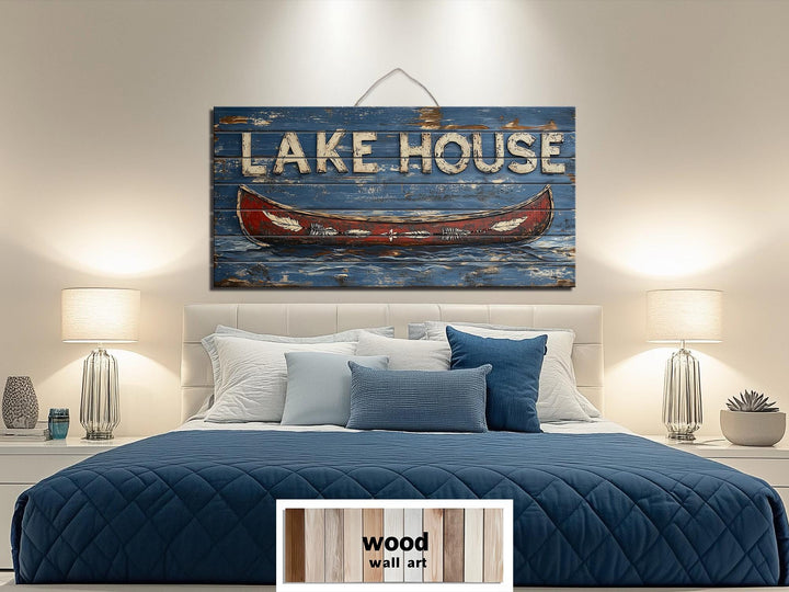 Lake House Sign With Red Canoe Real Wood Wall Art