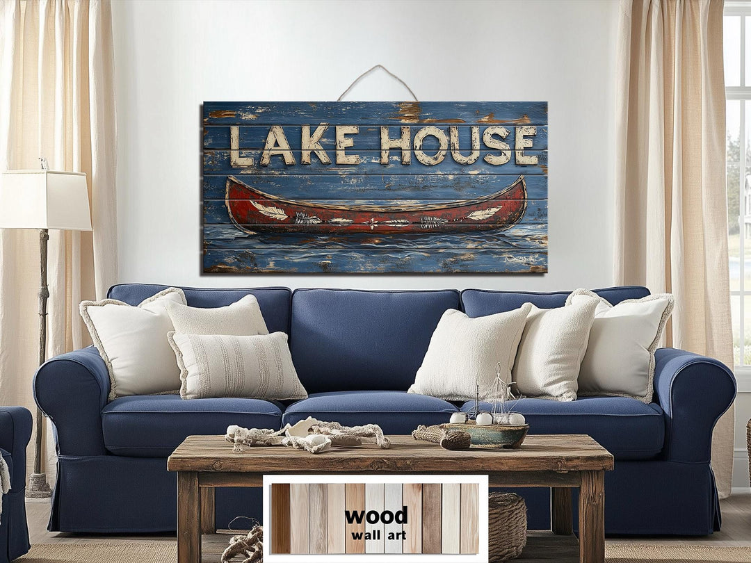 Lake House Sign With Red Canoe Real Wood Wall Art