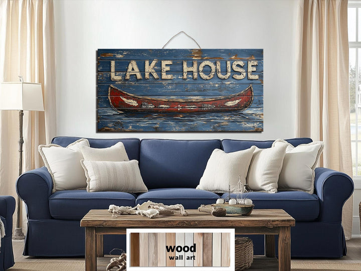 Lake House Sign With Red Canoe Real Wood Wall Art