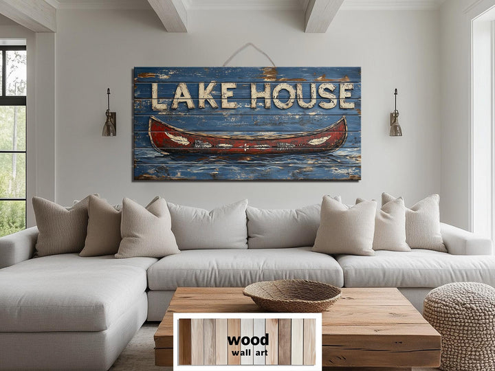 Lake House Sign With Red Canoe Real Wood Wall Art