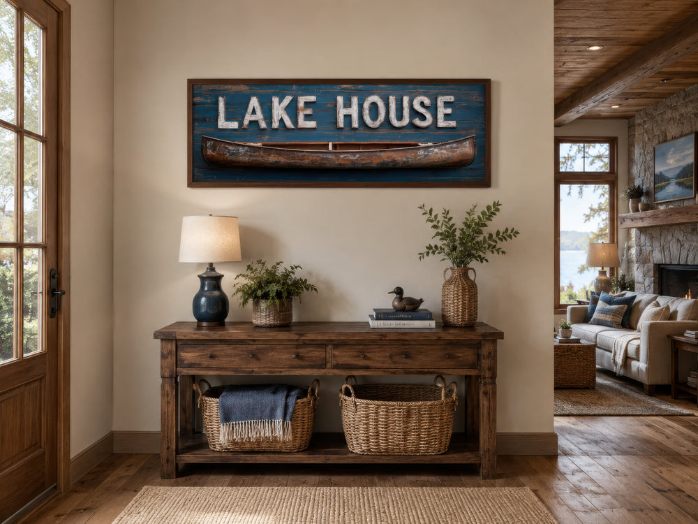 Rustic Lake House sign with a wooden canoe on a long horizontal framed canvas wall art.