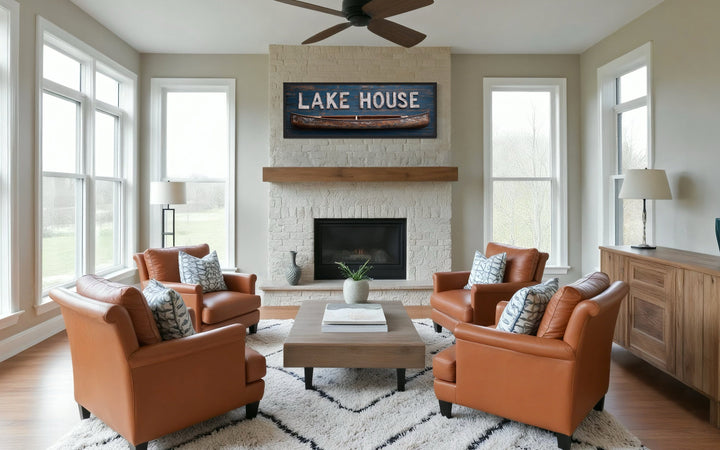 Lake House sign with a wooden canoe on a long horizontal framed canvas above a stone fireplace.