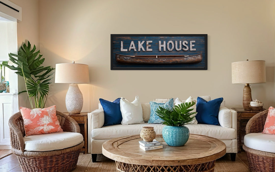 Long horizontal framed canvas wall art featuring a rustic Lake House sign and a wooden canoe.