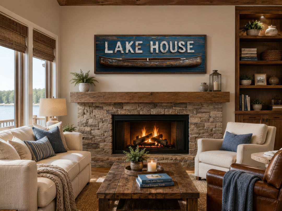 Rustic Lake House sign with a wooden canoe on a blue framed canvas above a stone fireplace.