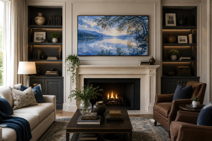Blue Lake Painting Framed Canvas Print displayed above a fireplace in a living room.