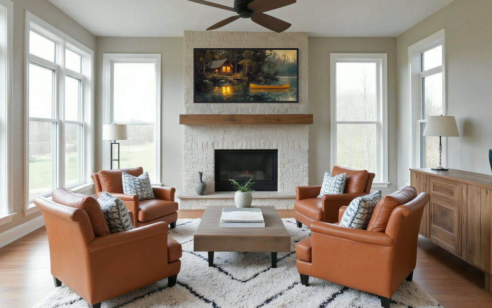 Lake House Wall Art – Framed Rustic Lakehouse Canvas Print With Yellow Canoe