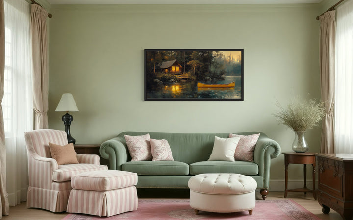 Lake House Wall Art – Framed Rustic Lakehouse Canvas Print With Yellow Canoe