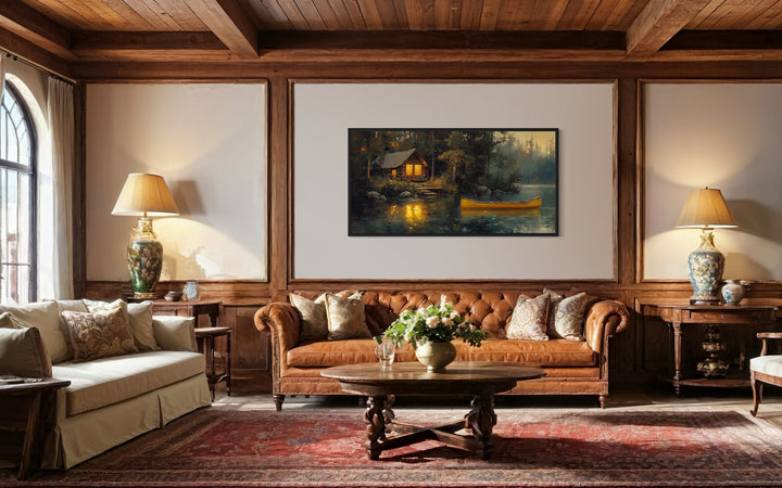 Lake House Wall Art – Framed Rustic Lakehouse Canvas Print With Yellow Canoe