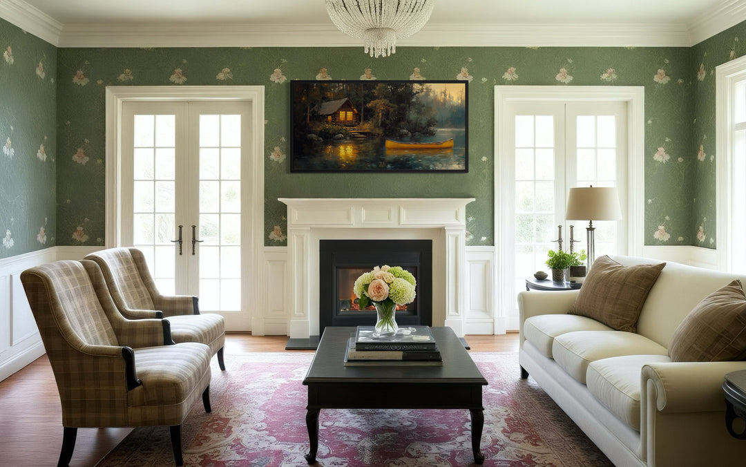 Lake House Wall Art – Framed Rustic Lakehouse Canvas Print With Yellow Canoe