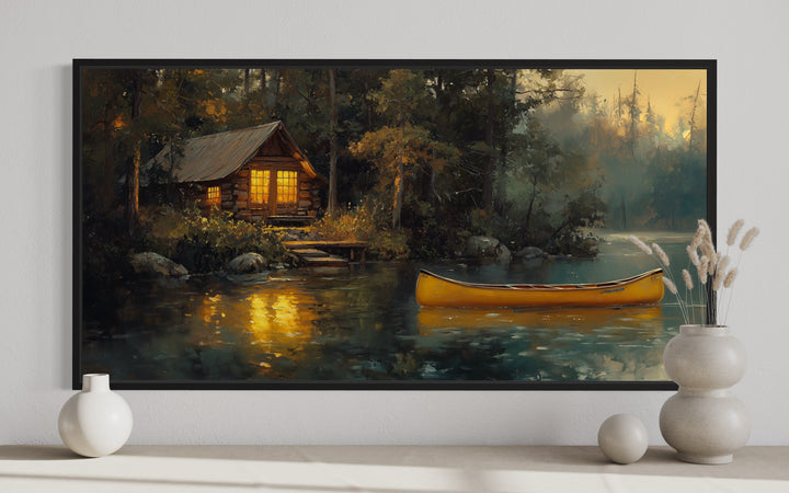 Lake House Wall Art – Framed Rustic Lakehouse Canvas Print With Yellow Canoe