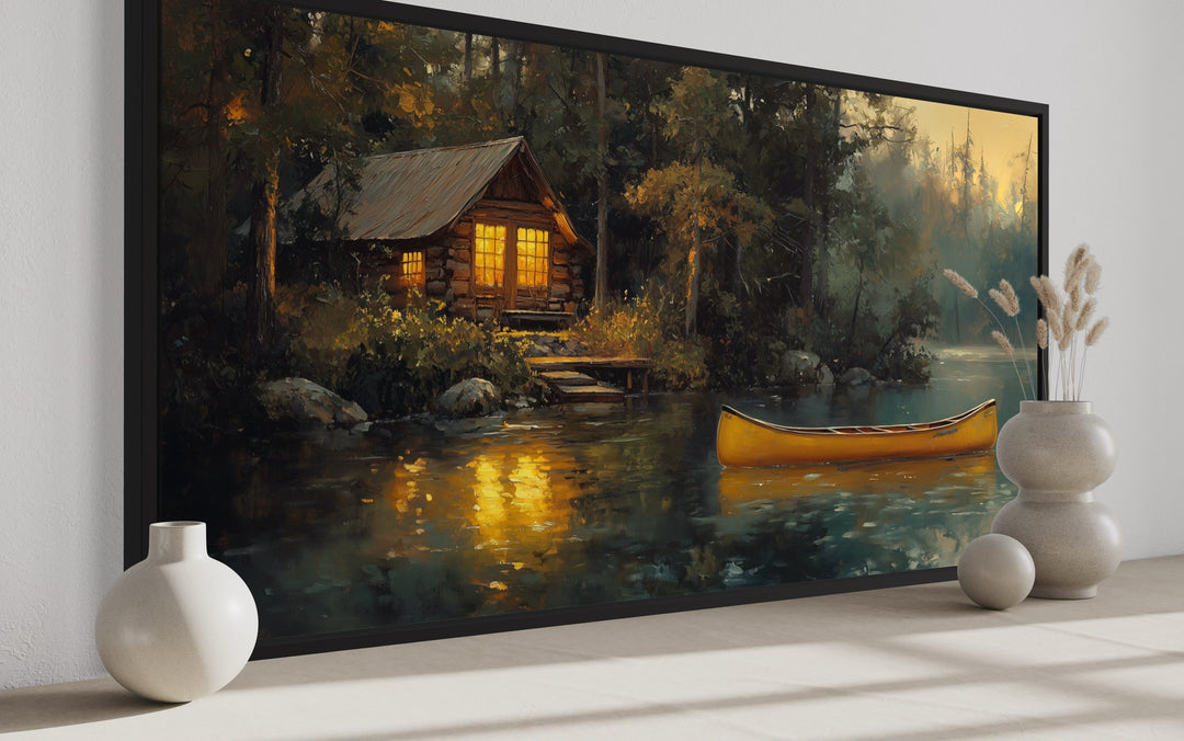 Lake House Wall Art – Framed Rustic Lakehouse Canvas Print With Yellow Canoe