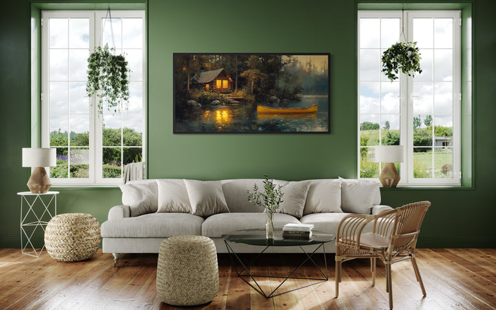 Lake House Wall Art – Framed Rustic Lakehouse Canvas Print With Yellow Canoe
