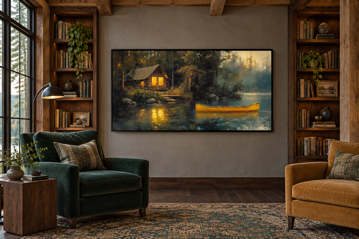 Framed canvas wall art of a rustic lake house and yellow canoe in a cozy library setting.