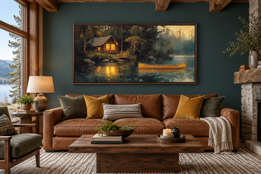 Framed rustic lake house canvas print with a yellow canoe on a lake, hung in a cozy living room.