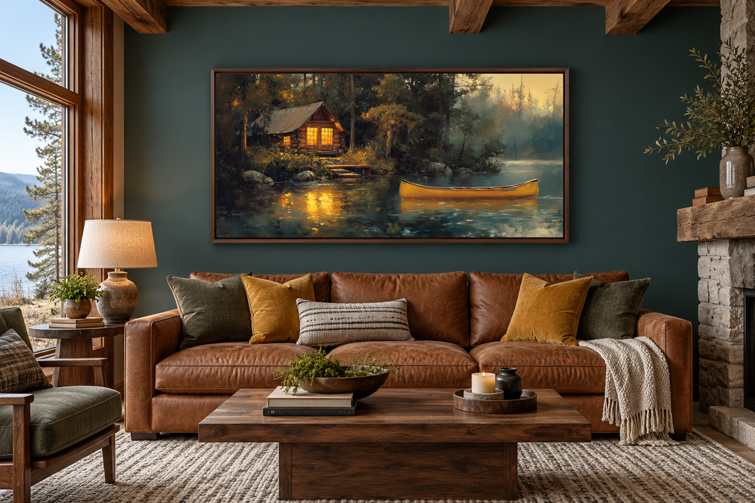 Framed rustic lake house canvas print with a yellow canoe on a lake, hung in a cozy living room.