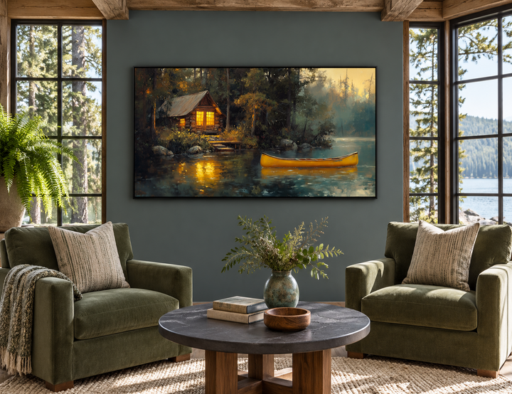 Framed rustic lake house canvas print featuring a cabin in the woods and a yellow canoe on a lake.