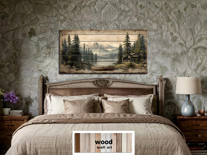 Lake House with Canoe on Mountain Distressed Wood Wall Art