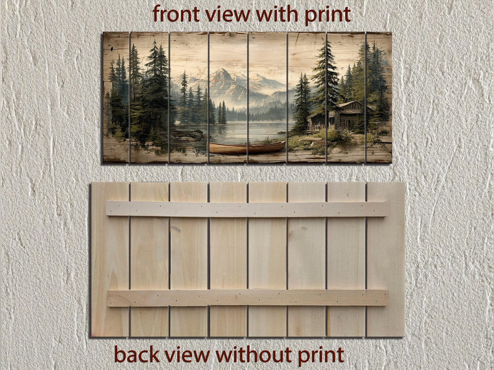 Lake House with Canoe on Mountain Distressed Wood Wall Art