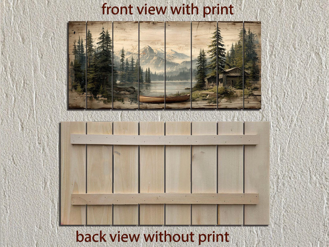 Lake House with Canoe on Mountain Distressed Wood Wall Art