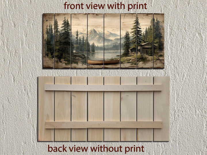Lake House with Canoe on Mountain Distressed Wood Wall Art