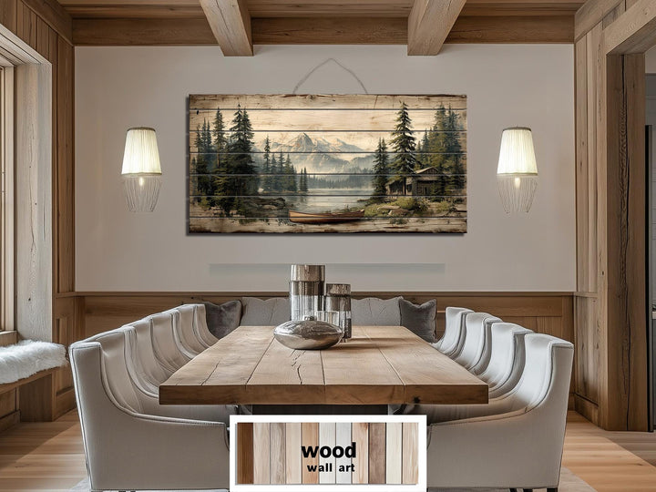 Lake House with Canoe on Mountain Distressed Wood Wall Art