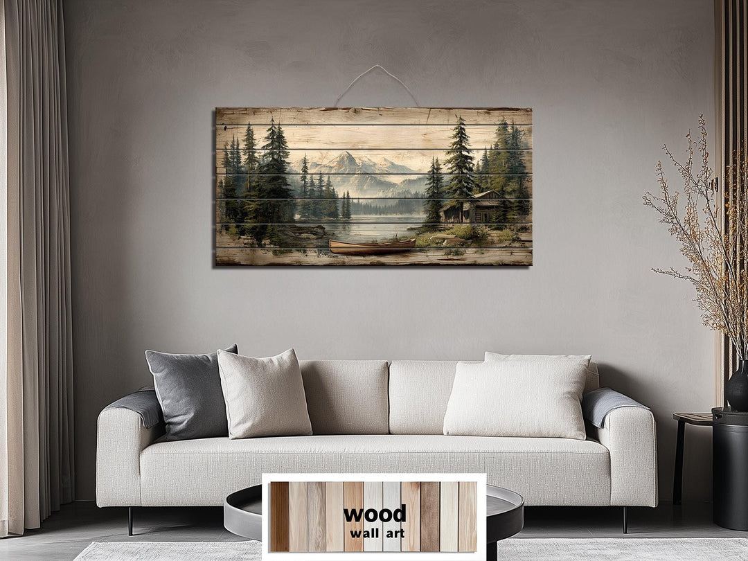 Lake House with Canoe on Mountain Distressed Wood Wall Art