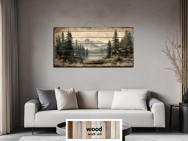 Lake House with Canoe on Mountain Distressed Wood Wall Art