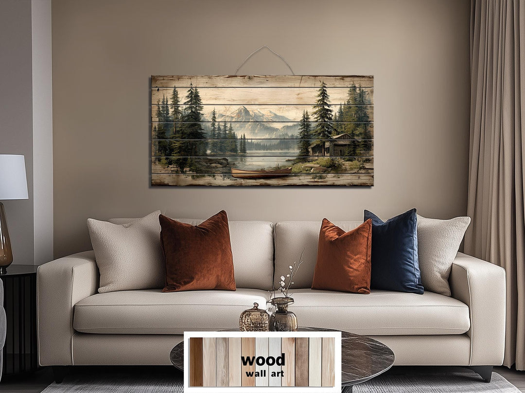 Lake House with Canoe on Mountain Distressed Wood Wall Art
