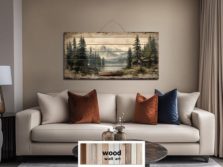 Lake House with Canoe on Mountain Distressed Wood Wall Art