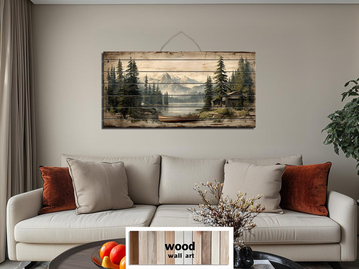 Lake House with Canoe on Mountain Distressed Wood Wall Art