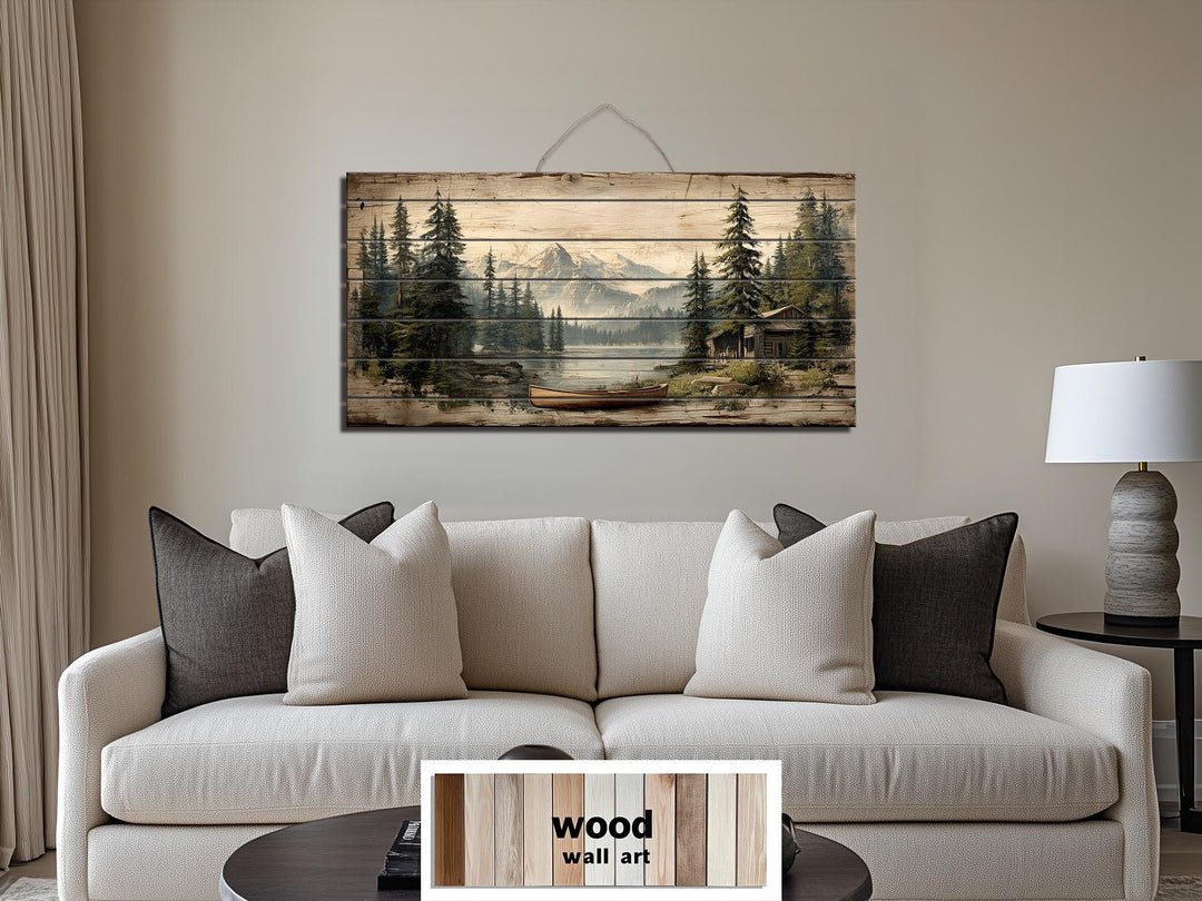 Lake House with Canoe on Mountain Distressed Wood Wall Art