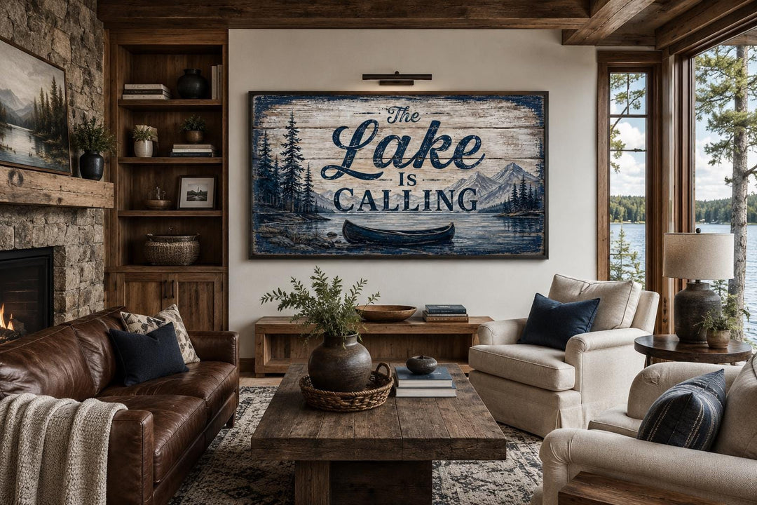 Rustic 'The Lake Is Calling' canvas wall art in a cozy cabin living room with a leather sofa.