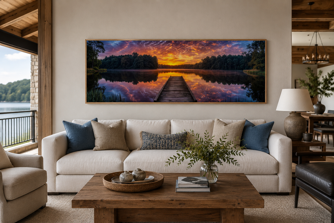 Horizontal canvas wall art of a lake landscape with a wooden fishing pier at sunset over a sofa.