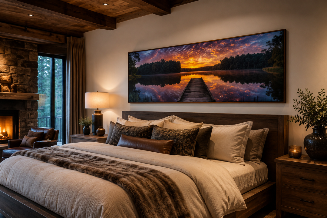 Horizontal canvas wall art of a lake landscape with a fishing pier at sunset above a bed.