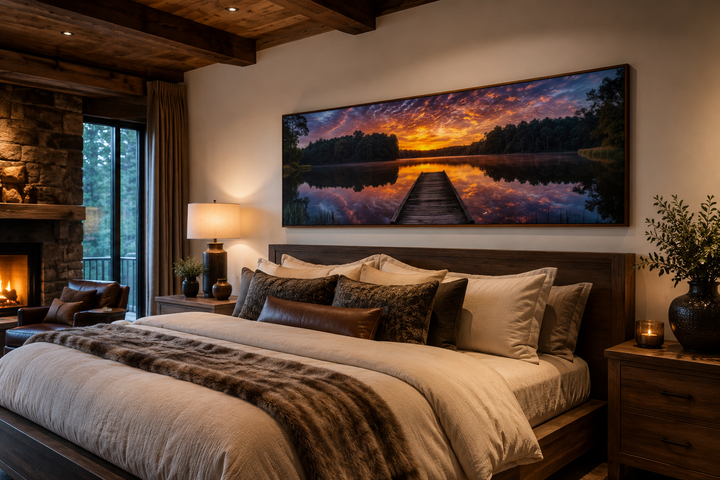 Horizontal canvas wall art of a lake landscape with a fishing pier at sunset above a bed.