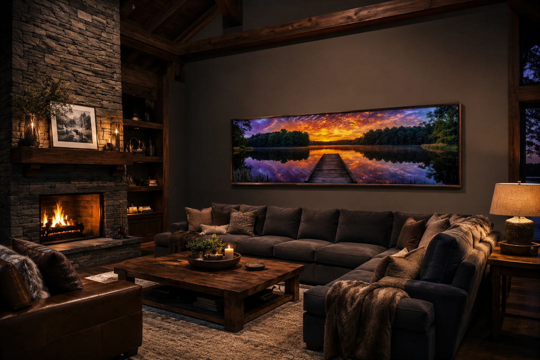 Horizontal canvas wall art of a lake landscape with a fishing pier at sunset in a cozy living room.