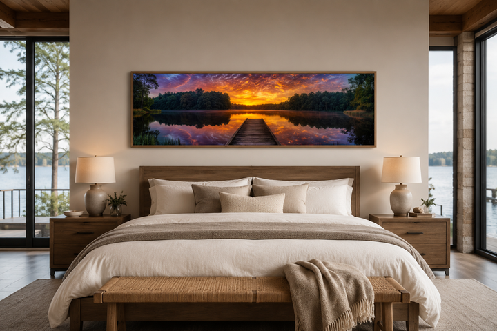 Horizontal canvas wall art of a lake landscape with a fishing pier at sunset above a bed.