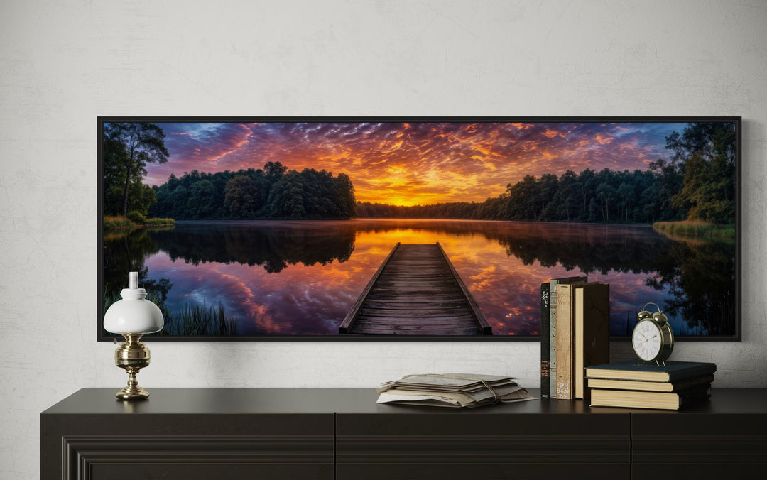 Lake Landscape With Fishing Pier At Sunset Horizontal Canvas Wall Art