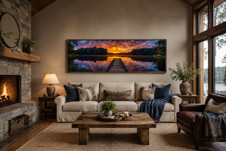 Horizontal canvas wall art of a lake landscape with a fishing pier at sunset over a sofa.