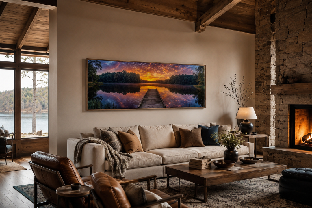 Horizontal canvas wall art of a lake landscape with a fishing pier at sunset in a living room.