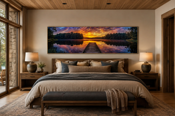 Horizontal canvas wall art of a lake landscape with a wooden fishing pier at sunset over a bed.