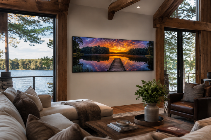 Horizontal canvas wall art of a lake landscape with a fishing pier at sunset in a rustic living room