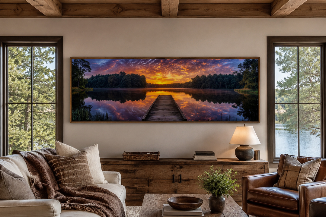 Horizontal canvas wall art of a lake landscape with a wooden fishing pier at sunset.