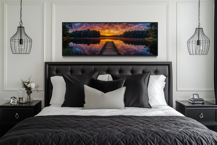 Lake Landscape With Fishing Pier At Sunset Horizontal Canvas Wall Art