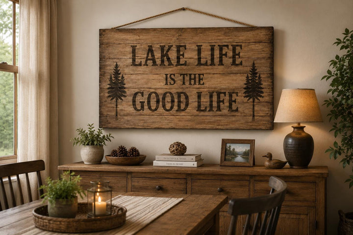 Rustic wood wall sign reading 'Lake Life Is The Good Life' with pine tree graphics.