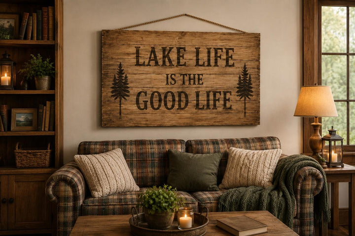 Rustic wood wall sign reading Lake Life Is The Good Life hanging above a plaid couch in a cabin.
