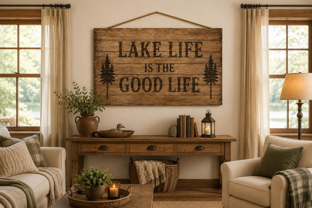 Rustic wood sign reading "Lake Life Is The Good Life" hanging in a cozy cabin living room.