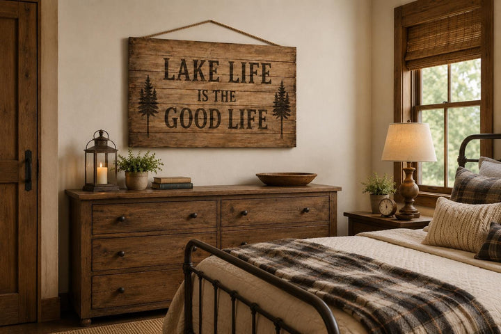 Rustic wood sign reading "Lake Life Is The Good Life" hanging above a dresser in a cabin bedroom.