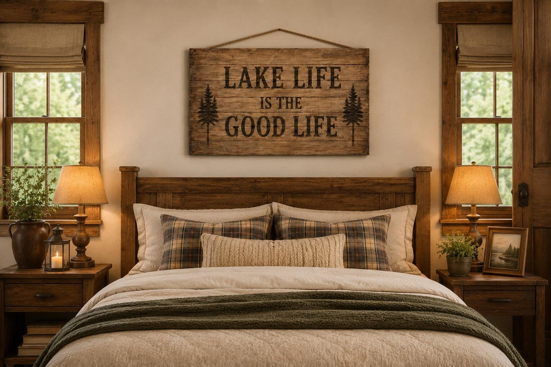 Rustic wood sign reading "Lake Life Is The Good Life" hanging above a cozy cabin-style bed.
