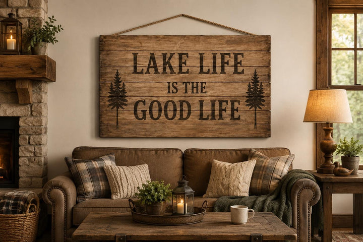 Rustic wood wall sign reading 'Lake Life Is The Good Life' hanging above a brown sofa in a cabin.